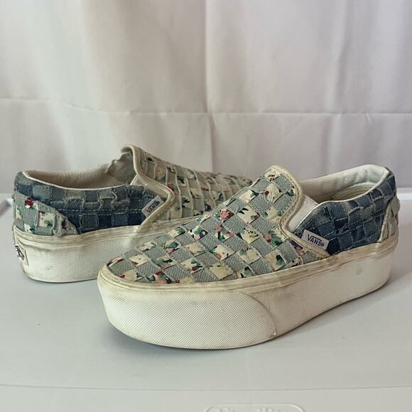 Vans Slip-On Shoes with Denim & Floral Checkerboard Pattern women’s 5.5 unique - Picture 2 of 11